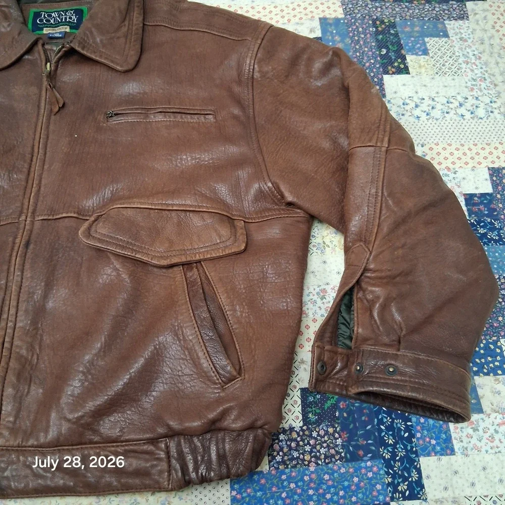 Vintage Town Country Gordon Ferguson Mens XL Brown Leather Bomber Jacket Quilted